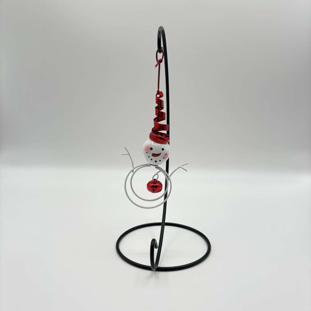 Metal Snowman Christmas Ornament With Red Spiral Hat And Jingle Bells Holiday